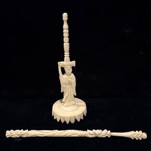 Chinese Puzzle Ball Carved Figural Stand & Carved Double Dragon Pole (?) AS-IS